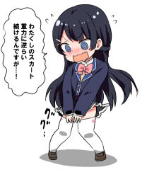 Rule 34 | 1girl, @ @, black footwear, black hair, black jacket, blue eyes, blush, bow, bowtie, braid, buttons, cardigan, chuuta (+14), collared shirt, covering crotch, covering privates, eyebrows, flying sweatdrops, french braid, frilled skirt, frills, grey skirt, jacket, legs apart, long hair, long sleeves, looking down, miniskirt, nijisanji, no nose, nose blush, open mouth, pink bow, pink bowtie, pleated skirt, school uniform, shirt, shoes, single braid, skirt, solo, speech bubble, standing, straight hair, talking, text focus, thighhighs, translation request, tsukino mito, tsukino mito (1st costume), v-shaped eyebrows, v arms, very long hair, virtual youtuber, wavy mouth, white shirt, white thighhighs, zettai ryouiki