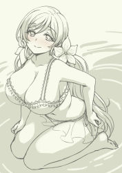 Rule 34 | 10s, 1girl, barefoot, bikini, blush, breasts, cleavage, flower, frilled bikini, frills, hair flower, hair ornament, highres, huge breasts, lace, lace-trimmed bikini, lace trim, lineart, love live!, love live! school idol project, low twintails, monochrome, partially submerged, pas (paxiti), sideboob, sitting, solo, swimsuit, thick thighs, thighs, tojo nozomi, twintails, wariza, wide hips