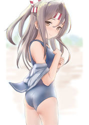 Rule 34 | 1girl, alternate costume, blue one-piece swimsuit, blue sailor collar, brown eyes, commentary request, cowboy shot, grey hair, hachimaki, headband, high ponytail, highres, kantai collection, long hair, looking at viewer, one-piece swimsuit, sailor collar, sailor shirt, sakieko, school swimsuit, shirt, solo, swimsuit, zuihou (kancolle)