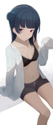 Rule 34 | 1girl, bare legs, black bra, black shorts, blunt bangs, blush, bra, breasts, breasts apart, collarbone, feet out of frame, hair bun, highres, hiroki (yyqw7151), lace, lace-trimmed bra, lace trim, looking at viewer, love live!, love live! sunshine!!, navel, red eyes, shirt, shorts, sideways glance, simple background, single side bun, sitting, sleeves past fingers, sleeves past wrists, small breasts, solo, stomach, tsushima yoshiko, underwear, white background, white shirt