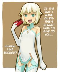 Rule 34 | 00s, bare shoulders, blonde hair, bob cut, chocolate, dress, elbow gloves, element hunters, gloves, green eyes, hard-translated, juno (element hunters), no panties, short hair, smile, thighhighs, third-party edit, translated, unyon, valentine