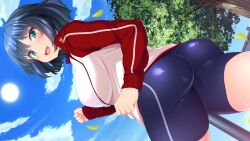 Rule 34 | 1girl, ass, bike shorts, blue hair, blush, breasts, cloud, day, eyebrows hidden by hair, female focus, from below, game cg, green eyes, jacket, large breasts, legs, looking at viewer, nonomiya himari, open mouth, original, outdoors, running, shiokonbu, short hair, sister lesson, sky, smile, solo, standing, sun, thighs, tree