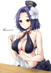 Rule 34 | 10s, 1girl, bare shoulders, bikini, blush, breasts, brown eyes, cleavage, female focus, flower, fuyu mi, hair ornament, halo, kantai collection, large breasts, mechanical halo, purple hair, short hair, simple background, smile, solo, swimsuit, tatsuta (kancolle), white background