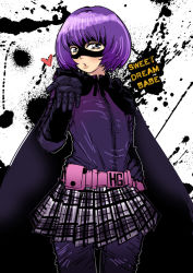 Rule 34 | 1girl, animification, belt, blowing kiss, butcherboy, cape, english text, gloves, hand on own hip, heart, hip focus, hit-girl, jacket, kick-ass, leather, looking at viewer, marvel, mask, miniskirt, purple hair, skirt, solo