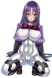 Rule 34 | 1girl, arm guards, armor, blush, bodysuit, breasts, cameltoe, cleft of venus, covered navel, fate/grand order, fate (series), fingerless gloves, gloves, highres, japanese armor, kote, large breasts, latex, latex bodysuit, long hair, looking at viewer, low-tied long hair, minamoto no raikou (fate), navel, open mouth, parted bangs, purple eyes, purple hair, skin tight, smile, solo, spread legs, squatting, very long hair, volyz