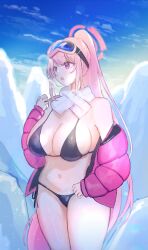 Rule 34 | 1girl, bikini, black bikini, blue archive, blush, breasts, cleavage, day, deevile 0122, eimi (blue archive), eimi (swimsuit) (blue archive), goggles, goggles on head, highres, jacket, large breasts, long hair, long sleeves, navel, official alternate costume, open clothes, open jacket, open mouth, outdoors, pink eyes, pink hair, pink jacket, ponytail, scarf, solo, swimsuit, very long hair, white scarf