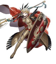 Rule 34 | 1girl, armor, armored boots, axe, battle axe, black pantyhose, blue eyes, boobplate, boots, breastplate, breasts, cape, closed mouth, crown, cuboon, edelgard von hresvelg, feather trim, feathers, female focus, fire emblem, fire emblem: three houses, fire emblem heroes, full body, gauntlets, hair ornament, highres, holding, holding weapon, large breasts, lips, looking at viewer, nintendo, official art, pantyhose, red cape, shield, silver hair, solo, transparent background, weapon