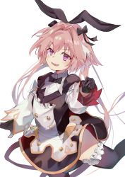 Rule 34 | 1boy, absurdres, animal ears, astolfo (fate), astolfo (saber) (fate), astolfo (saber) (third ascension) (fate), black bow, black bowtie, bow, bowtie, eyes visible through hair, fate/grand order, fate (series), hair bow, heart, highres, long hair, looking at viewer, male focus, multicolored hair, pink eyes, pink hair, rabbit ears, same (sendai623), smile, solo, standing, standing on one leg, streaked hair, trap, twintails, white hair