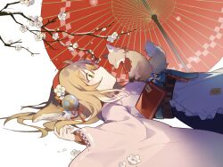Rule 34 | 1girl, animal, animal ears, apron, arknights, black skirt, blonde hair, branch, commentary request, flower, fox, fox ears, frilled apron, frills, from side, green eyes, hair between eyes, hairband, highres, japanese clothes, kimono, long hair, long sleeves, lying, oil-paper umbrella, on back, pink kimono, pinwheel, profile, red hairband, red umbrella, simple background, skirt, snow, solo, suzuran (arknights), suzuran (yukibare) (arknights), umbrella, wdm998, white apron, white background, white flower, wide sleeves