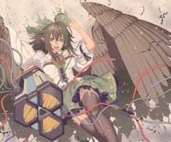 Rule 34 | 1girl, aiming, aiming at viewer, alternate weapon, arm cannon, bird wings, black thighhighs, black wings, bow, brown eyes, brown hair, cable, cape, fang, hair bow, looking at viewer, ogino (oginogino), open mouth, puffy short sleeves, puffy sleeves, radiation symbol, reiuji utsuho, shirt, short sleeves, skirt, smile, solo, thighhighs, third eye, touhou, weapon, wings, zettai ryouiki