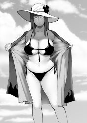 Rule 34 | 1girl, absurdres, bikini, boruto: naruto next generations, breasts, cloud, female focus, front-tie bikini top, front-tie top, greyscale, hat, highres, hyuuga hinata, jnsdh, large breasts, long hair, mature female, monochrome, naruto, naruto (series), navel, open mouth, outdoors, plump, shade, side-tie bikini bottom, skindentation, sky, smile, solo, sun hat, swimsuit