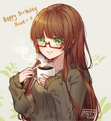 Rule 34 | 1girl, breasts, brown hair, brown sweater, closed mouth, coffee, commentary, cup, dated, english commentary, green nails, grey background, hands up, happy birthday, holding, holding cup, kobutanori, long hair, long sleeves, mole, mole above mouth, mug, nail polish, original, puffy long sleeves, puffy sleeves, ribbed sweater, signature, simple background, sleeves past wrists, small breasts, smile, solo, steam, sweater, very long hair