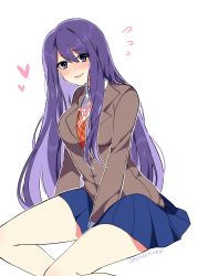 Rule 34 | 1girl, :d, artist name, between legs, blue skirt, blush, commentary, doki doki literature club, english commentary, eyes visible through hair, hair between eyes, hand between legs, heart, highres, jacket, long hair, looking at viewer, no hairclip, open mouth, outline, pleated skirt, purple eyes, purple hair, savi (byakushimc), school uniform, simple background, sitting, skirt, smile, solo, very long hair, white background, white outline, yuri (doki doki literature club)