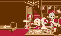 Rule 34 | 5girls, alcohol, bad id, bad pixiv id, bat wings, bell, blonde hair, blue hair, bottle, braid, brown upholstery, cake, chandelier, cookie, couch, crossed arms, cup, dress, drinking glass, flandre scarlet, flat color, food, food on face, fruit, grapes, hat, hat ribbon, hong meiling, izayoi sakuya, maid, maid headdress, multiple girls, neck ribbon, one eye closed, puffy short sleeves, puffy sleeves, red hair, remilia scarlet, ribbon, rumia, saucer, shinonoko, short sleeves, siblings, silver hair, sisters, sitting, sleeping, stairs, star (symbol), table, teacup, touhou, twin braids, wine, wine glass, wings, wink