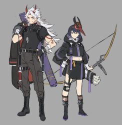 Rule 34 | 1boy, 1girl, alternate costume, arataki itto, bandaged arm, bandages, bandaid, bandaid on face, black gloves, boots, bow (weapon), coat, unworn coat, collar, contemporary, cross-laced footwear, dog tags, fingerless gloves, full body, genshin impact, gloves, grey background, grin, hand on own hip, highres, holding, holding bow (weapon), holding weapon, hood, hoodie, horns, kujou sara, long hair, long sleeves, looking at viewer, mask, mask on head, navel, oni horns, over shoulder, pants, papajay (jennygin2), pointy ears, purple hair, quiver, red eyes, red horns, simple background, smile, spiked collar, spikes, standing, stomach, symbol-only commentary, tattoo, thigh strap, weapon, white hair, yellow eyes