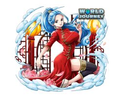 Rule 34 | 1girl, blue hair, chinese clothes, dress, english text, high ponytail, lantern, long hair, nefertari vivi, official art, one piece, one piece treasure cruise, open mouth, paper lantern, red dress, solo, teeth