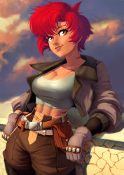 Rule 34 | 1girl, abs, against wall, alternate hair length, alternate hairstyle, belt, belt pouch, big hair, bomber jacket, borrowed character, breasts, brown pants, cleavage, cloud, cloudy sky, crop top, dark skin, dark-skinned female, facial scar, gloves, grey gloves, jacket, lips, maria (space maria), medium breasts, multiple belts, nose, open clothes, open jacket, orange hair, pants, pouch, red eyes, scar, scar on cheek, scar on face, short hair, sky, sleeves pushed up, narrow waist, solo, space maria, studded gloves, toned, zetman92