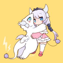 Rule 34 | 1girl, beads, black bow, blue eyes, blunt bangs, blush, blush stickers, bow, capelet, chibi, child, commentary request, dragon, dragon girl, dragon horns, dress, dual persona, frilled capelet, frills, hair beads, hair ornament, hairband, highres, horns, hug, kanna kamui, kobayashi-san chi no maidragon, long hair, long sleeves, looking at viewer, lovewolf5122, low tied hair, low twintails, pink dress, tail, thighhighs, thighs, twintails, very long hair, white thighhighs, zettai ryouiki