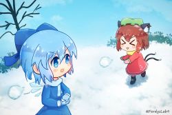 Rule 34 | &gt;:3, &gt;w&lt;, 2girls, blue eyes, blue scarf, bow, chen, cirno, double tails, ferdyslab9, gloves, hat, highres, ice, ice wings, mittens, mob cap, motion blur, multiple girls, paw print, scarf, snow, snow boots, snowball, snowball fight, sweater, touhou, twitter username, wings, yellow scarf