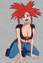 Rule 34 | belt, breasts, creatures (company), crop top, denim, flannery (pokemon), game freak, highres, jeans, kneeling, large breasts, midriff, nintendo, open mouth, pants, plumpeachplus, pokemon, pokemon oras, ponytail, red eyes, red hair, shirt, shoes, short sleeves, sneakers, tied shirt