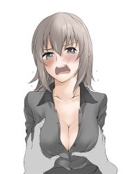 Rule 34 | 1girl, arms at sides, blush, grabbing another&#039;s breast, breasts, cleavage, disembodied hand, elf (stroll in the woods), flying sweatdrops, girls und panzer, grabbing, grey eyes, grey hair, grey shirt, grey skirt, groping, hair between eyes, highres, itsumi erika, kuromorimine military uniform, large breasts, long hair, looking at viewer, partially unbuttoned, shirt, simple background, skirt, solo