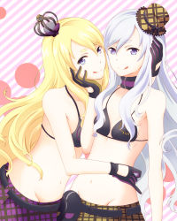 Rule 34 | 2girls, :q, bad id, bad pixiv id, belt, bikini, bikini top only, blonde hair, choker, crown, exela (summon night), female focus, gloves, groin, hand on another&#039;s face, hand on another&#039;s head, hat, imminent kiss, ishima, licking lips, long hair, looking at viewer, mini crown, mini hat, multiple girls, naughty face, navel, purple eyes, siblings, silver hair, sisters, skirt, summon night, summon night 5, swimsuit, tongue, tongue out, torso grab, twins, veloce (summon night), very long hair, yuri