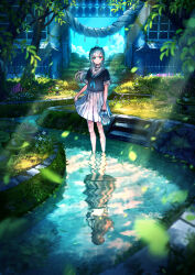 Rule 34 | 1girl, aqua eyes, black shirt, blurry, commentary request, day, depth of field, highres, holding, holding clothes, holding footwear, lantern, leaf, light rays, long hair, looking at viewer, original, outdoors, pleated skirt, reflection, sailor collar, scenery, shirt, short sleeves, shuu illust, skirt, smile, stairs, standing, summer, sunbeam, sunlight, tree, white hair, white sailor collar, white skirt