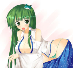 Rule 34 | 1girl, bare shoulders, blush, breast hold, breasts, cleavage, collarbone, detached sleeves, frog hair ornament, green eyes, green hair, hair ornament, hair tubes, hanging breasts, highres, kochiya sanae, large breasts, long hair, looking at viewer, matching hair/eyes, nitoridio, open mouth, panties, skirt, skirt set, snake hair ornament, solo, striped clothes, striped panties, touhou, underwear, very long hair, wide sleeves