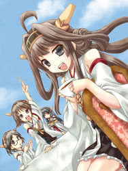 Rule 34 | 10s, 4girls, bare shoulders, black eyes, black hair, blue sky, blush, brown hair, chair, cloud, cup, day, detached sleeves, double bun, food, glasses, hair ornament, hairband, hairclip, haruna (kancolle), headgear, hiei (kancolle), japanese clothes, kantai collection, kirishima (kancolle), kongou (kancolle), long hair, momozakura nanao, multiple girls, nontraditional miko, open mouth, personification, plaid, pudding, short hair, sitting, skirt, sky, smile, table, teacup, tray, yellow eyes