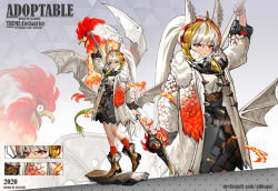 Rule 34 | 1girl, 2020, adoptable, ahoge, allosauc, animal ears, animal scarf, artist name, bird ears, black skirt, blonde hair, boots, brown footwear, character sheet, close-up, closed mouth, coat, cockatrice, commentary, cowboy shot, deviantart username, english commentary, fire, frown, full body, fur-trimmed boots, fur trim, gradient background, grey background, high-waist skirt, highres, holding, holding behind back, holding staff, kneehighs, light blush, long hair, long sleeves, looking at viewer, miniskirt, multicolored hair, multiple views, open clothes, open coat, orange hair, original, ponytail, projected inset, pyrokinesis, red eyes, red hair, red socks, scales, scarf, shirt, simple background, skirt, socks, staff, streaked hair, triangle background, very long hair, weapon behind back, white coat, white hair, white scarf, white shirt, white sleeves