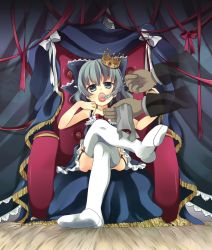 Rule 34 | 1girl, adapted costume, bad id, bad pixiv id, blue eyes, blue hair, bow, cirno, crossed legs, crown, feeding, garter straps, hair bow, looking at viewer, maki (natoriumu), matching hair/eyes, open mouth, princess, queen, short hair, sitting, solo, thighhighs, throne, touhou, white thighhighs