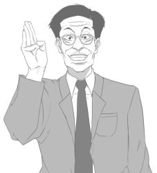 Rule 34 | 00s, 1boy, formal, glasses, greyscale, grin, hand up, male focus, monochrome, necktie, ogino yuuhei, paprika, smile, solo, suit