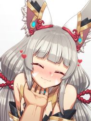 Rule 34 | 1girl, alten, animal ears, blunt bangs, blush, cat ears, closed eyes, detached sleeves, facial mark, hand on another&#039;s chin, highres, long hair, low twintails, nia (blade) (xenoblade), nia (xenoblade), silver hair, simple background, smile, solo focus, twintails, very long hair, white background, xenoblade chronicles (series), xenoblade chronicles 2