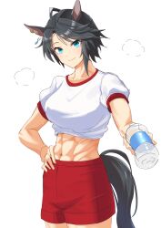 1girl abs absurdres ahoge animal_ears black_hair blue_eyes bottle breasts closed_mouth collarbone commentary_request commission cowboy_shot ear_ornament ear_piercing fuji_kiseki_(umamusume) gym_shirt gym_shorts gym_uniform hand_on_own_hip highres holding holding_bottle horse_ears horse_girl horse_tail looking_at_viewer medium_breasts midriff multicolored_hair navel partial_commentary piercing red_shorts senchan_7 shirt short_hair shorts sidelocks simple_background smile solo standing sweat swept_bangs tail tied_shirt tracen_training_uniform umamusume water_bottle white_background white_hair white_shirt