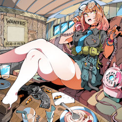 Rule 34 | 1girl, antique phone, belt, belt pouch, blouse, blue necktie, blue skirt, bowl, brown footwear, bullet, choker, collared shirt, commission, couch, crossed legs, cup, drinking glass, drinking straw, eyewear on head, feet on table, full body, glass, glasses, green eyes, grey shirt, gun, handgun, hands up, holding, holding phone, indoors, kafun, legs, looking away, medium hair, nail polish, napkin, necktie, open mouth, orange hair, orange nails, original, phone, pink choker, plate, poster (object), pouch, revolver, rotary phone, shirt, shirt tucked in, short sleeves, skindentation, skirt, solo, spoon, striped necktie, striped neckwear, table, talking on phone, teeth, thighhighs, thighs, upper teeth only, utility belt, wanted, watch, weapon, white thighhighs, window, wooden wall, wristwatch