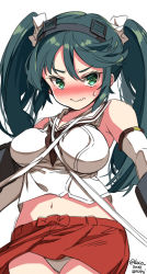 Rule 34 | 1girl, black neckerchief, blush, breasts, commentary request, cowboy shot, detached sleeves, green eyes, green hair, headgear, highres, isuzu (kancolle), kantai collection, laco soregashi, large breasts, long hair, looking at viewer, midriff, navel, neckerchief, nose blush, one-hour drawing challenge, panties, pleated skirt, sailor collar, school uniform, serafuku, shirt, simple background, skirt, sleeveless, sleeveless shirt, solo, twintails, underwear, wavy mouth, white background, white panties, white sailor collar