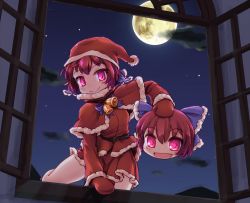 Rule 34 | 1girl, alternate costume, blue bow, bow, capelet, christmas, cloud, commentary request, disembodied head, full moon, gloves, hair bow, hat, isu (is88), looking at viewer, miniskirt, mittens, moon, night, night sky, pink eyes, red gloves, red hair, red hat, red mittens, red skirt, santa costume, santa hat, sekibanki, skirt, sky, smile, solo, touhou, window