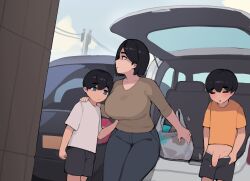 Rule 34 | 1girl, 2boys, age difference, bag, black hair, blue eyes, breasts, car, grocery bag, incest, large breasts, looking at breasts, mother (pepper0), motion lines, motor vehicle, multiple boys, onee-shota, outdoors, penis, pepper0, public indecency, shadow, shopping bag, tagme, undressing, white shirt brother (pepper0), yellow shirt brother (pepper0)