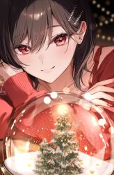 1girl akira_(zattape) black_hair christmas_tree close-up collarbone commentary cup drinking_glass hair_ornament hairclip holding holding_cup lens_flare looking_at_viewer original red_eyes red_nails red_sweater short_hair sleeves_past_wrists smile snow_globe solo sweater swept_bangs symbol-only_commentary zattape