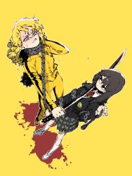 Rule 34 | 2girls, ball and chain (weapon), beatrix kiddo, black eyes, black jacket, blonde hair, blood, blood splatter, blue eyes, brown hair, chain around arm, clenched teeth, closed mouth, foreshortening, from above, grey skirt, hand up, highres, holding, holding sword, holding weapon, jacket, katana, kill bill, long hair, miniskirt, multiple girls, pants, perspective, pleated skirt, school uniform, shoes, simple background, skirt, socks, spiked ball and chain, ssambatea, standing, sword, sword to throat, teeth, weapon, white footwear, white legwear, wide-eyed, yellow background, yellow jacket, yellow pants, yuubari gogo