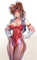 Rule 34 | 1girl, artist name, bandaged arm, bandages, bare shoulders, breakers, breasts, brown hair, cleavage, closed mouth, collarbone, commentary request, covered navel, cropped jacket, gradient background, hands on own hips, headband, highleg, highleg leotard, highres, leotard, lips, long hair, matsuda (matsukichi), medium breasts, pantyhose, ponytail, red leotard, shiny clothes, simple background, sitting, sleeveless, sleeveless jacket, smile, solo, tia langray