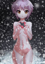 Rule 34 | 1girl, box, breasts, chuunenpi, cold, completely nude, cowboy shot, female focus, heart, looking at viewer, nagato yuki, navel, nipples, nude, outdoors, public indecency, public nudity, purple hair, pussy, pussy juice, short hair, small breasts, snow, snowing, solo, standing, suzumiya haruhi no yuuutsu, thigh gap, uncensored, valentine, yellow eyes