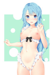Rule 34 | 1girl, aqua eyes, aqua hair, blue eyes, blue hair, blush, breasts, cleft of venus, collarbone, commentary request, cowboy shot, eyelashes, gluteal fold, groin, hair between eyes, hands up, has bad revision, has censored revision, highres, long hair, looking at viewer, medium breasts, navel, nipples, nude, open mouth, original, polka dot, polka dot background, pussy, shiny skin, sidelocks, solo, standing, stomach, tearing up, toeri (rococo), uncensored, wavy hair