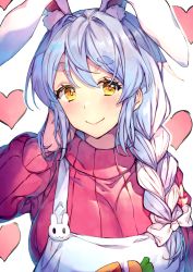 Rule 34 | 1girl, animal ears, apron, blue hair, blush, bow, braid, breasts, closed mouth, hair bow, heart, heart background, hololive, large breasts, long sleeves, looking at viewer, mature female, multicolored hair, pekomama, rabbit-shaped pupils, rabbit ears, rabbit girl, red sweater, redcomet, simple background, single braid, smile, solo, sweater, symbol-shaped pupils, thick eyebrows, two-tone hair, upper body, virtual youtuber, white background, white bow, white hair, yellow eyes
