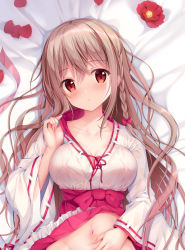 Rule 34 | 1girl, bed sheet, blush, bow, braid, breasts, brown hair, cleavage, clothes lift, collarbone, covered erect nipples, dakimakura (medium), from above, hair ribbon, hakama, hakama lift, hakama skirt, head tilt, highres, japanese clothes, kimono, large breasts, long hair, long sleeves, looking at viewer, lying, miko, navel, no bra, obi, on back, original, out-of-frame censoring, parted lips, red bow, red hakama, red ribbon, ribbon, ribbon-trimmed kimono, ribbon-trimmed sleeves, ribbon trim, sash, see-through, side braid, skirt, solo, sousouman, upper body, very long hair, white kimono, wide sleeves