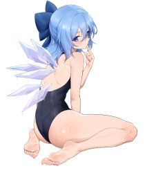 Rule 34 | 1girl, absurdres, barefoot, blue eyes, blue hair, cirno, feet, finger to mouth, highres, light blush, long hair, looking at viewer, morinosuke, one-piece swimsuit, soles, swimsuit, toes, touhou, wet