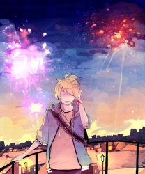 Rule 34 | 1boy, aerial fireworks, bad id, bad pixiv id, blonde hair, casual, cityscape, closed eyes, fire flower (vocaloid), fireworks, headphones, hood, hoodie, kagamine len, male focus, mig (36th underground), night, short hair, smile, solo, vocaloid
