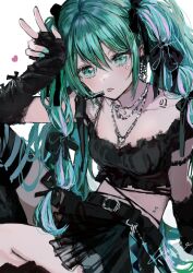 Rule 34 | 1girl, arm warmers, black skirt, commentary request, eyelashes, green eyes, green hair, hair ornament, hair ribbon, hatsune miku, heart, long hair, looking at viewer, midriff, navel, pomu (joynet), ribbon, simple background, sitting, skirt, solo, twintails, v, vocaloid, white background