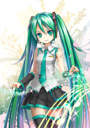 Rule 34 | 1girl, beamed quavers, crazypen, detached sleeves, green eyes, green hair, hatsune miku, headset, highres, long hair, matching hair/eyes, musical note, nail polish, necktie, quaver, skirt, smile, solo, staff (music), thighhighs, twintails, very long hair, vocaloid