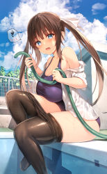 Rule 34 | 1girl, blue eyes, blue sky, breasts, brown hair, brown pantyhose, chain-link fence, cleavage, clothes pull, cloud, fence, hair ribbon, holding, holding hose, hose, large breasts, long hair, looking at viewer, off shoulder, one-piece swimsuit, open mouth, original, pantyhose, pantyhose pull, pool, purple one-piece swimsuit, ribbon, school swimsuit, shirt, sitting, sky, solo, sune (mugendai), swimsuit, toes, twintails, wet, wet clothes, wet shirt, white ribbon, white shirt